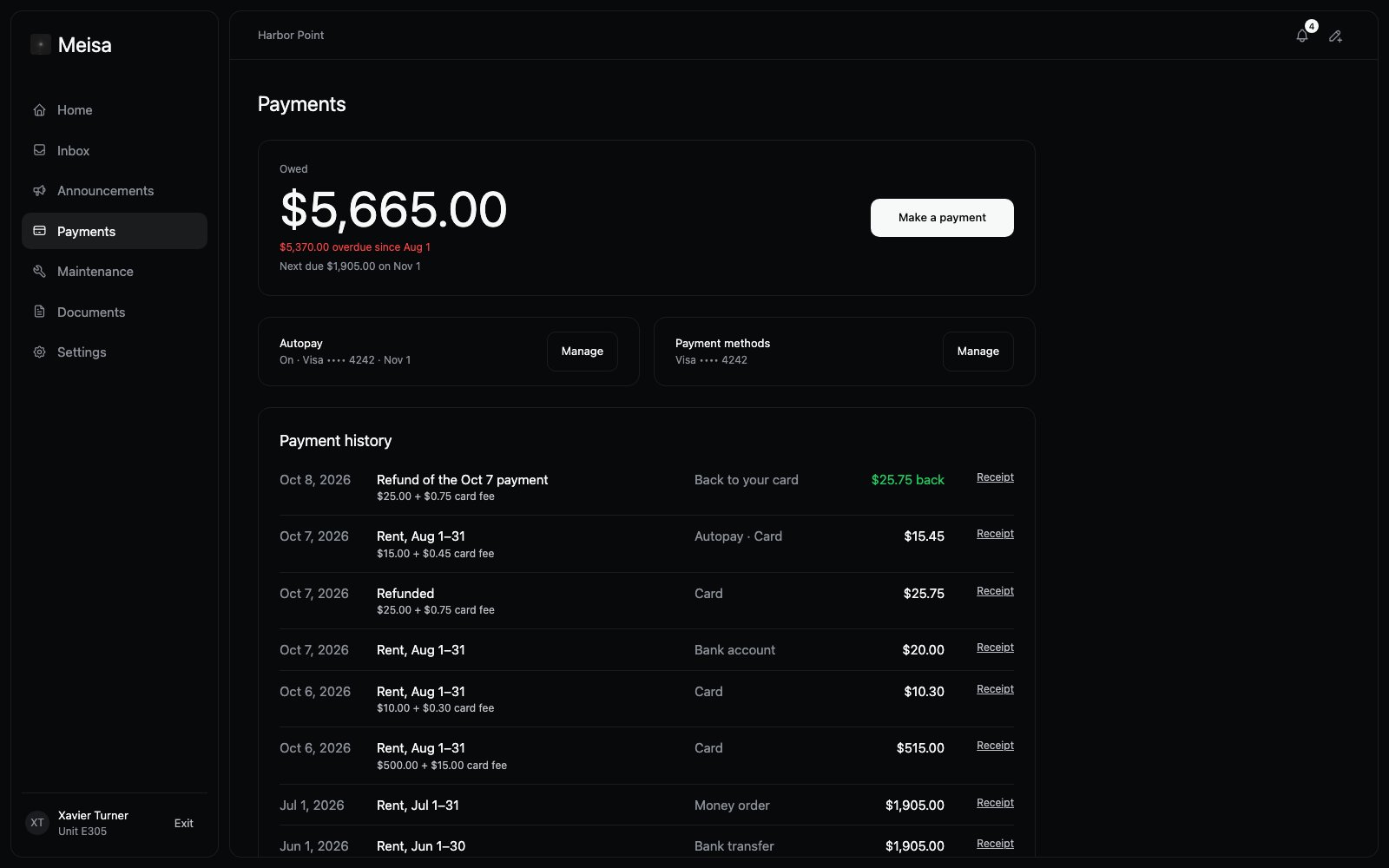 A resident's payments page: what is owed, autopay, and a history of payments with receipts